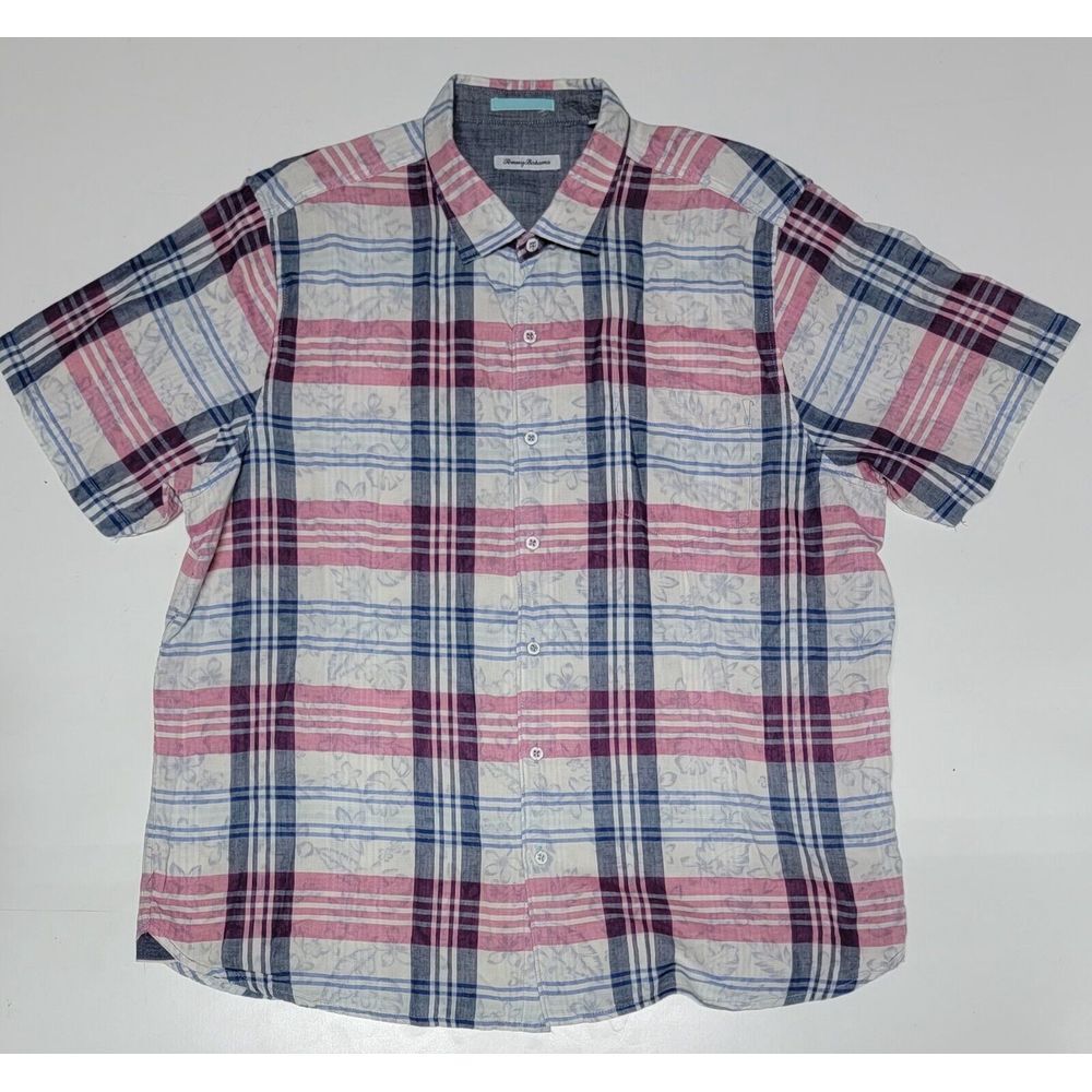 Tommy Bahama XXL Red White Blue Plaid With Muted Floral Pattern Button Up Shirt‎